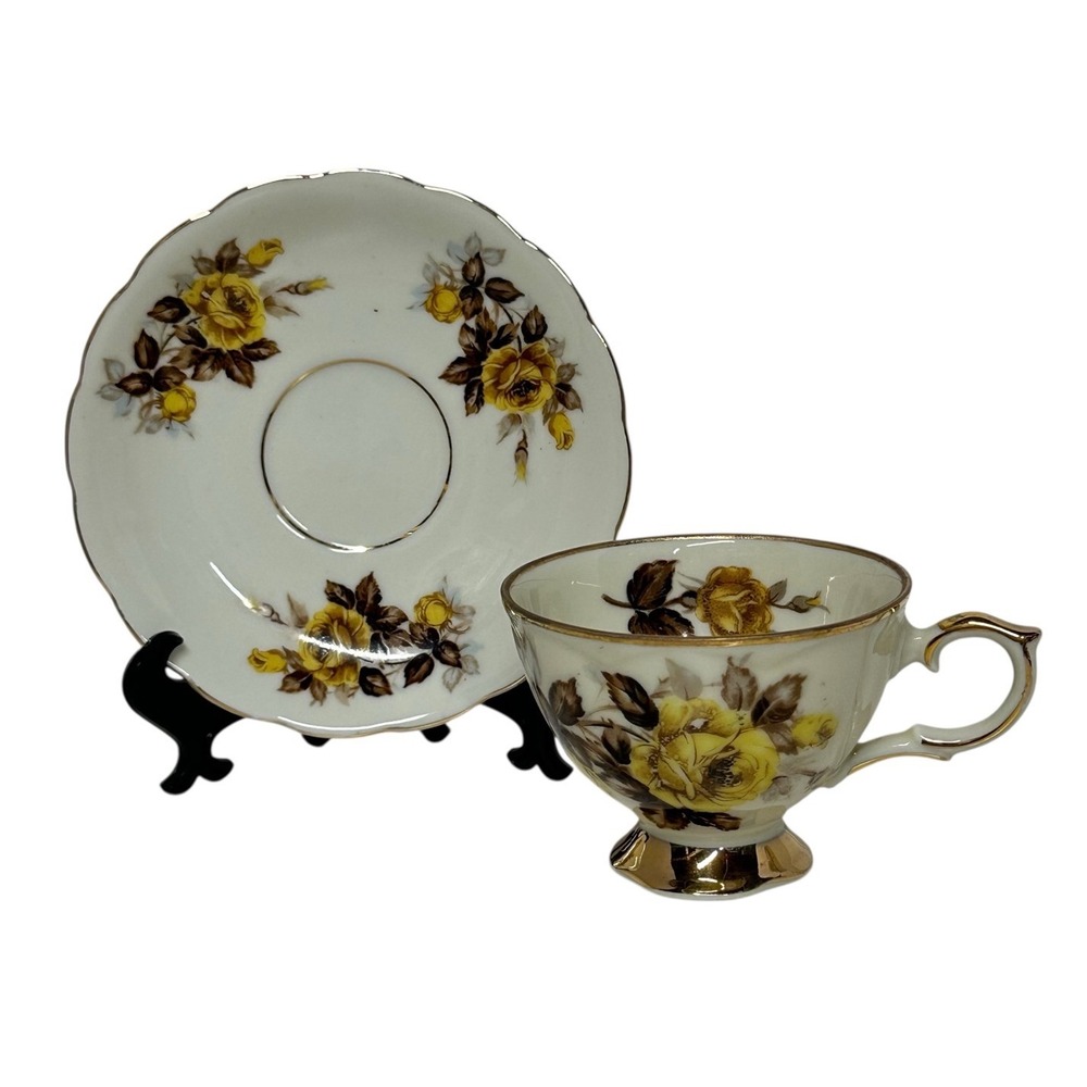 Vintage Royal Sealy China‎ Japan Tea Cup & Saucer Yellow Rose Footed Gold Trim